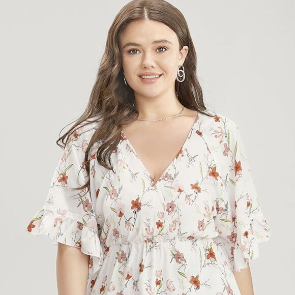 BloomChic Floral Print Ruffles Flounce Sleeve Surplice Neck Blouse - Picture 1 of 4